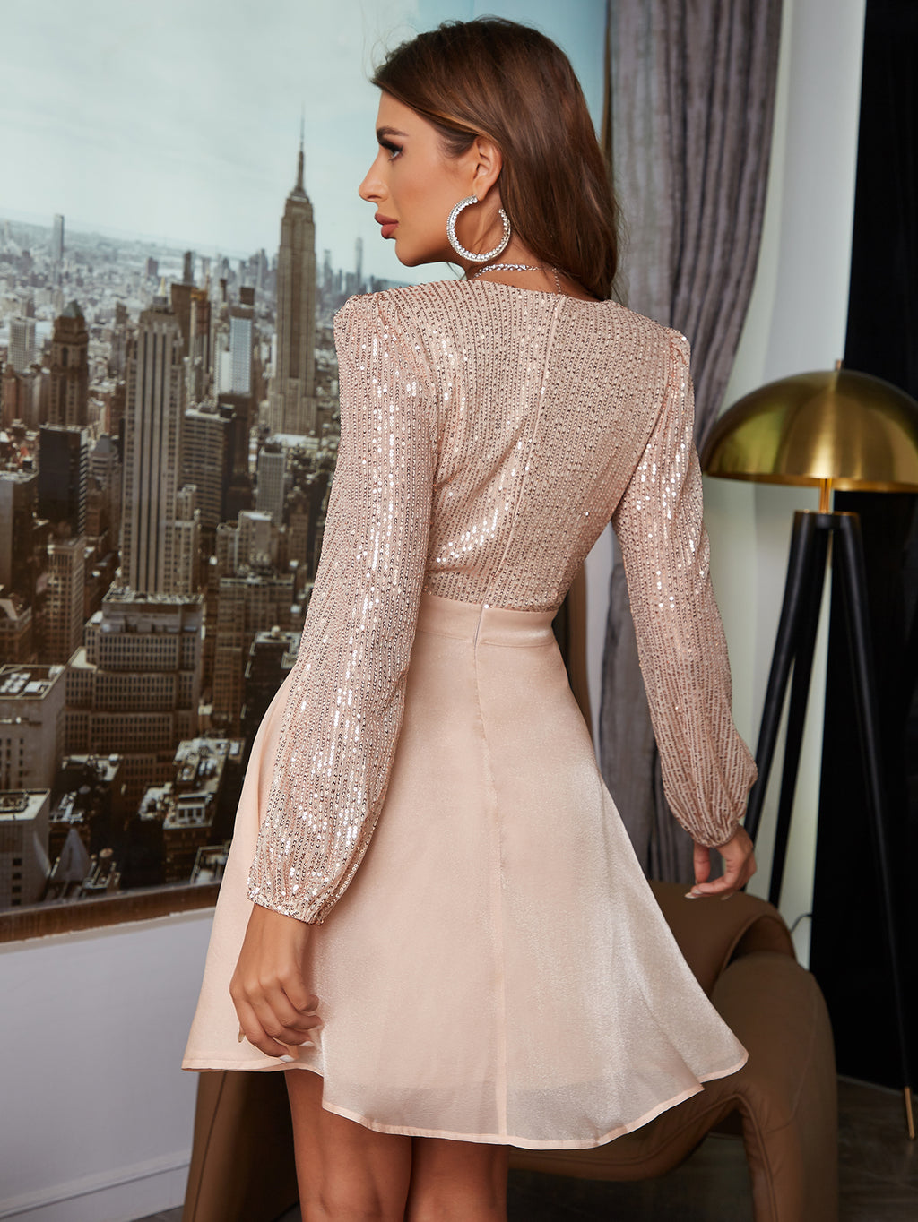 Women's Sequin Mesh Deep V-Neck Party Dress