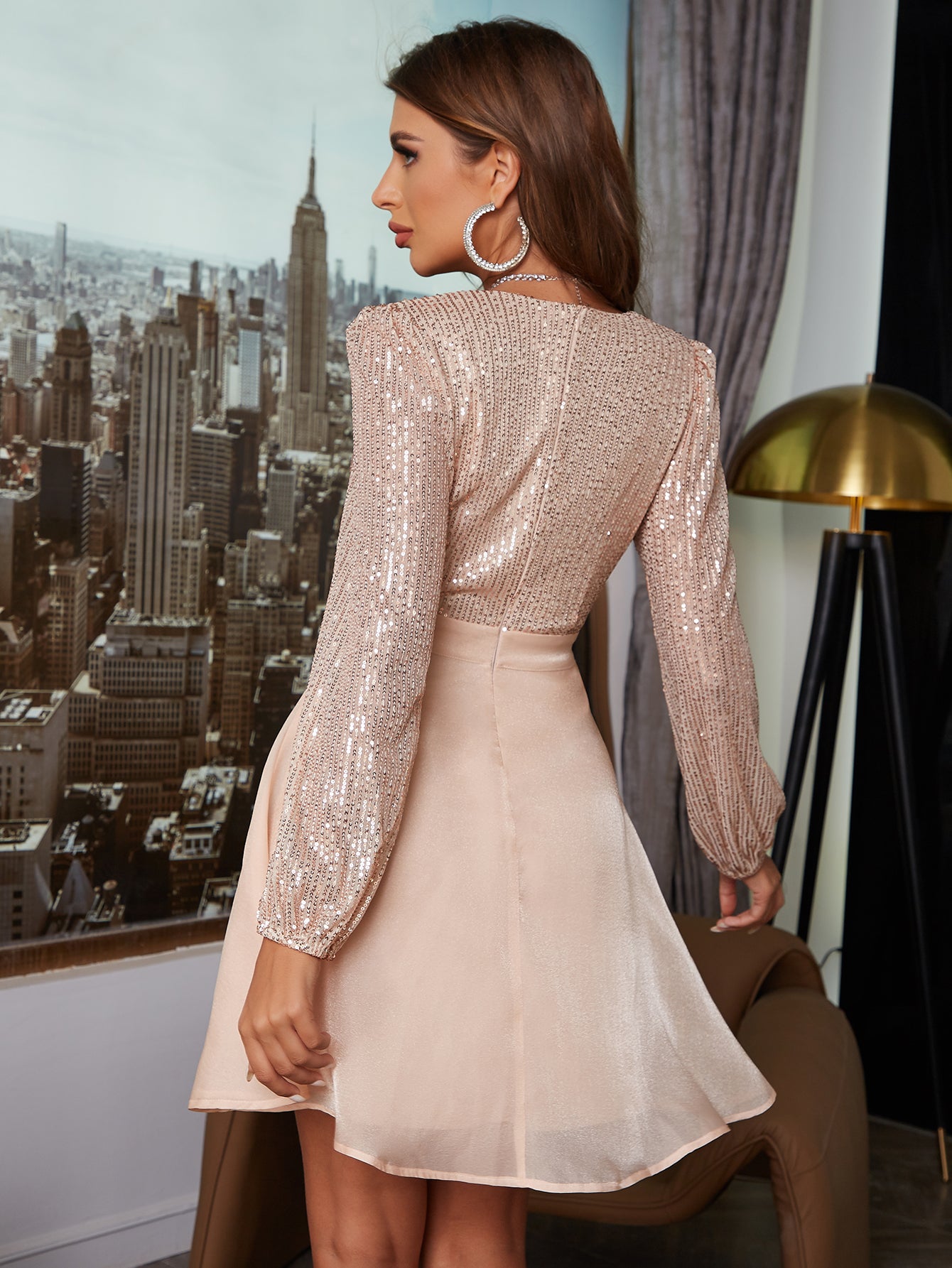Women's Sequin Mesh Deep V-Neck Party Dress