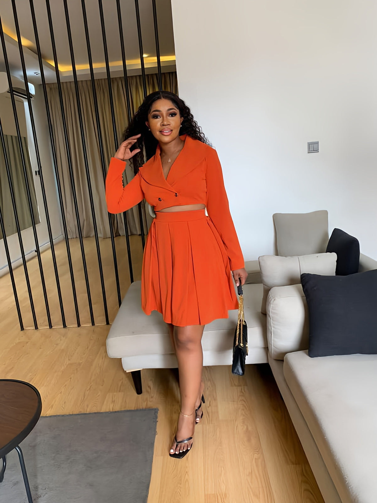 Women's V Neck Cropped Small Blazer and Skirt Two-Piece Set
