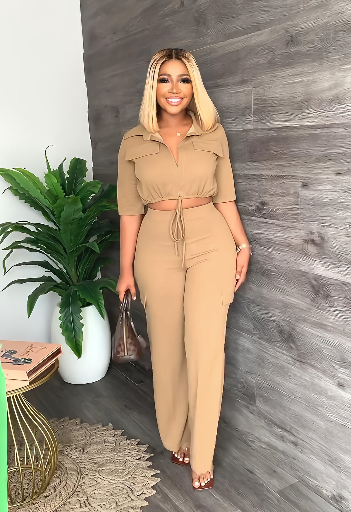 Casual Drawstring Short Top High Waist Work Clothes Straight Leg Pants Office Two-Piece Set