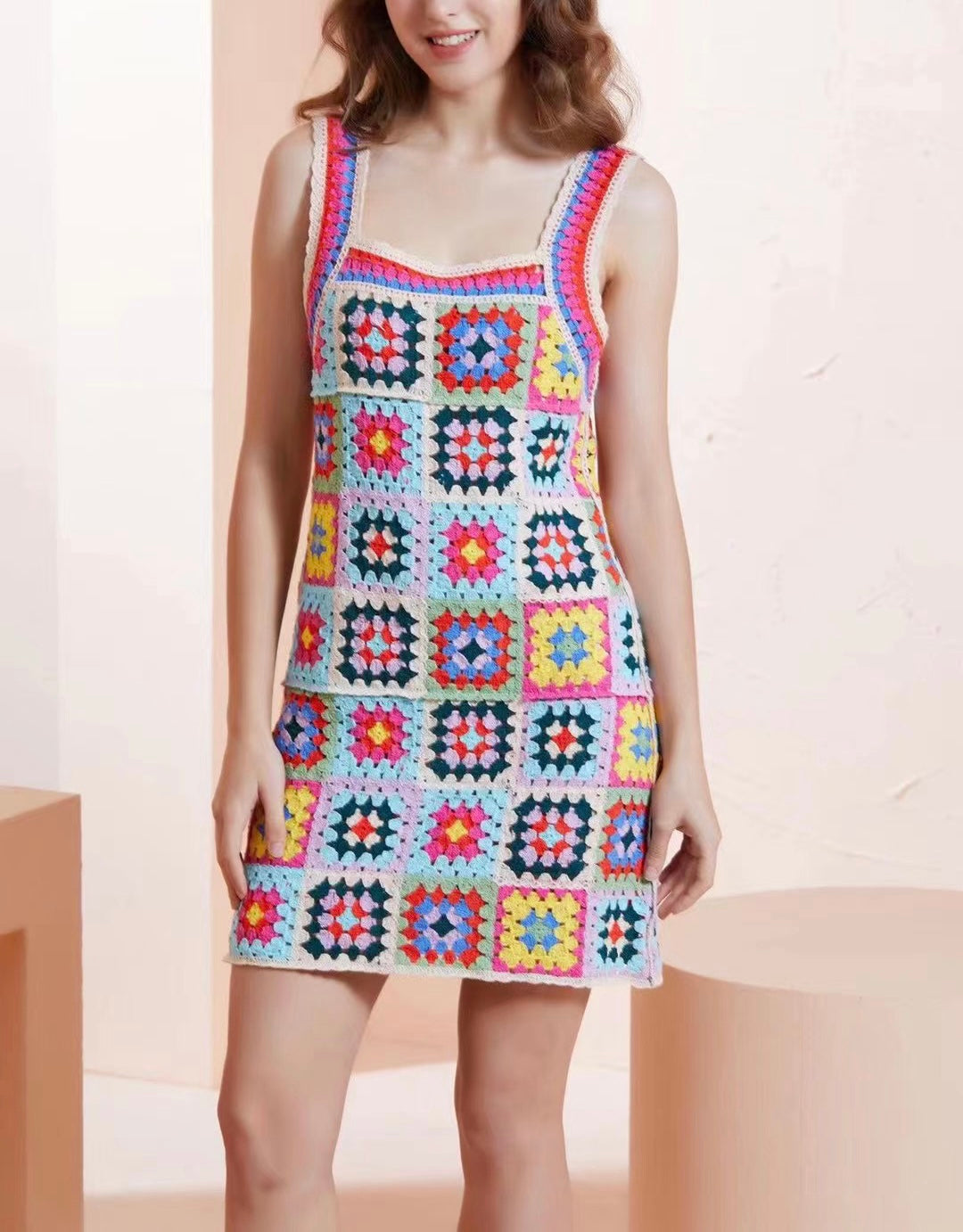 Seaside Beach Square-Neck Crocheted Knitted Cutout Slip Dress