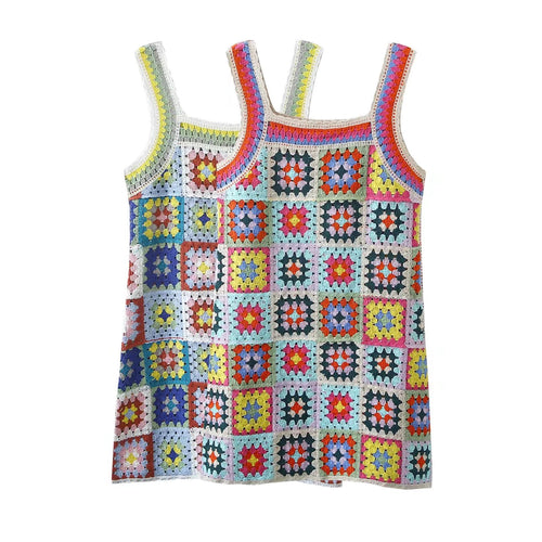 Vacation Seaside Beach Fresh Retro Square Collar Crocheted Knitted Cutout Sling Dress for Women