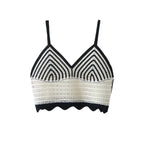 Deep V Plunge Neck Black White Contrast Color Crochet Criss