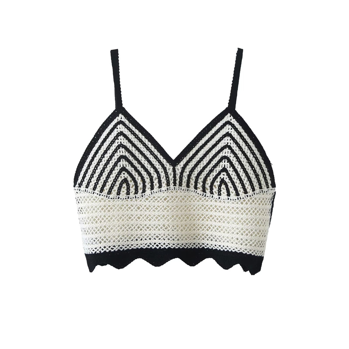 Deep V Plunge Neck Black White Contrast Color Crochet Criss