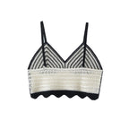 Deep V Plunge Neck Black White Contrast Color Crochet Criss