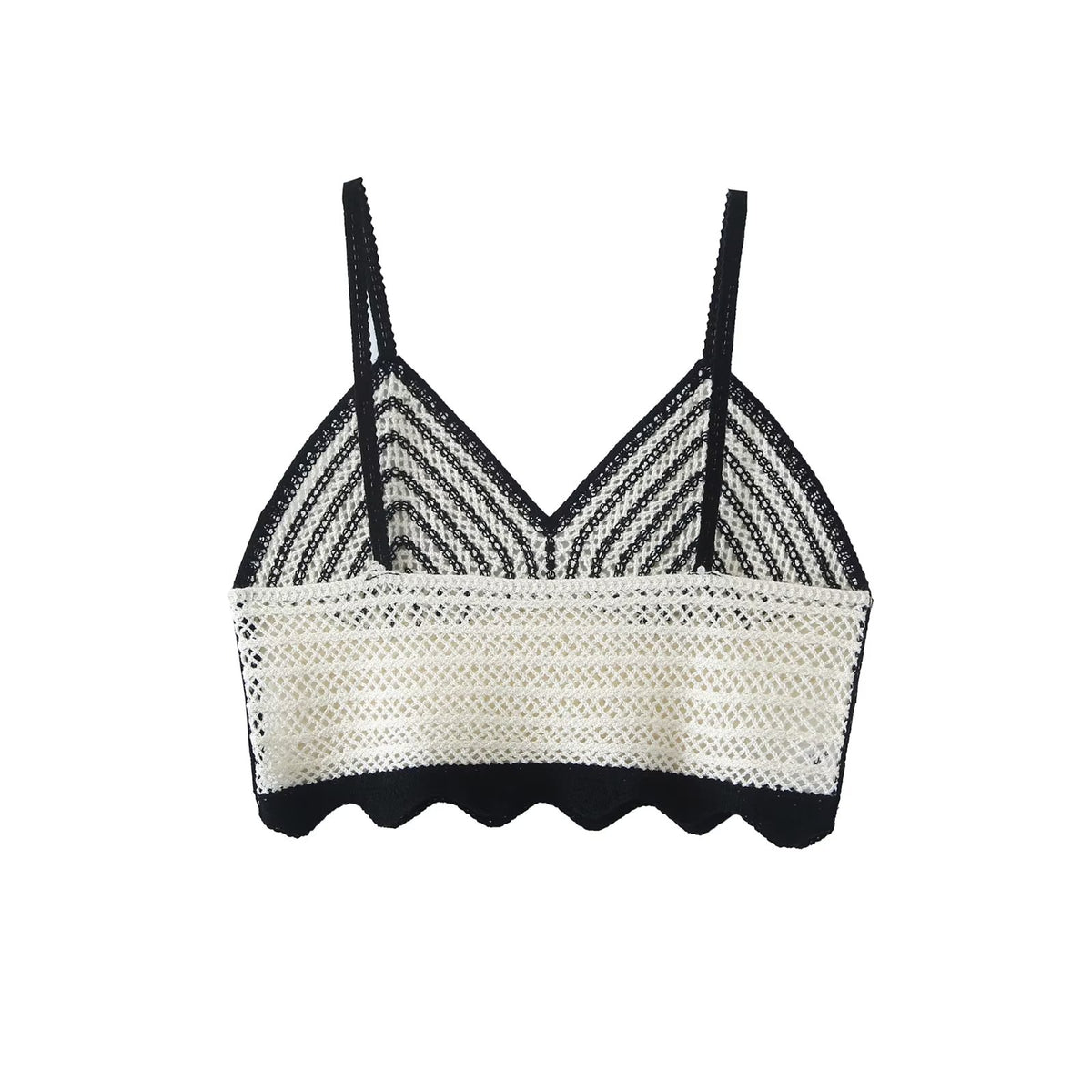 Deep V Plunge Neck Black White Contrast Color Crochet Criss