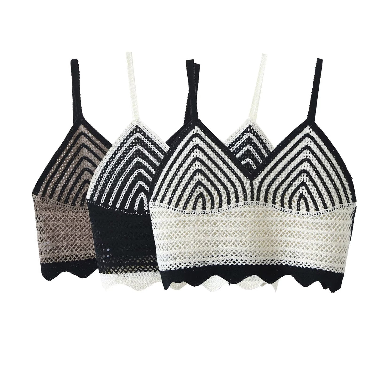 Deep V Plunge Neck Black White Contrast Color Crochet Criss