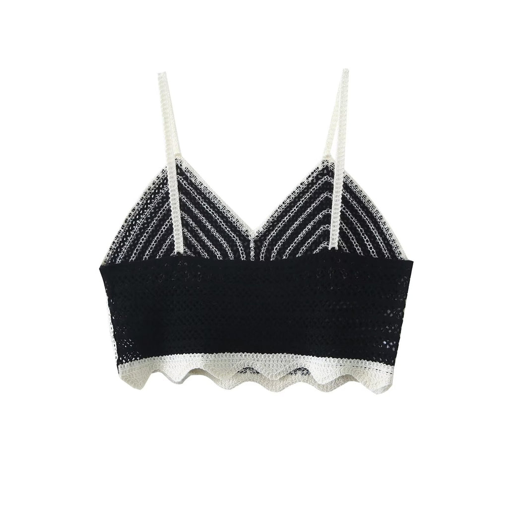 Deep V Plunge Neck Black White Contrast Color Crochet Criss