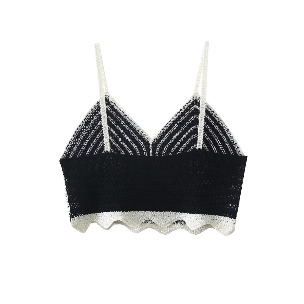 Deep V Plunge Neck Black White Contrast Color Crochet Criss