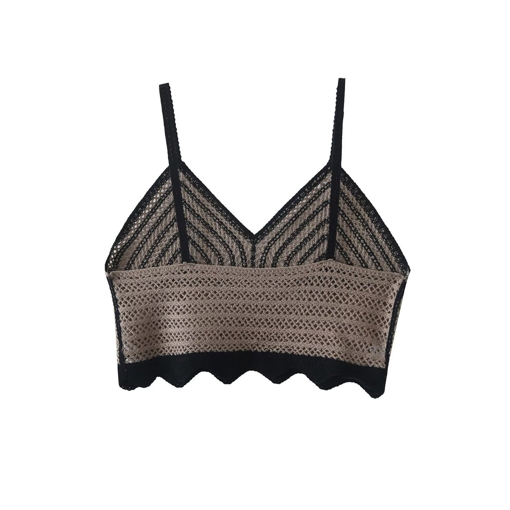 Deep V Plunge Neck Black White Contrast Color Crochet Criss