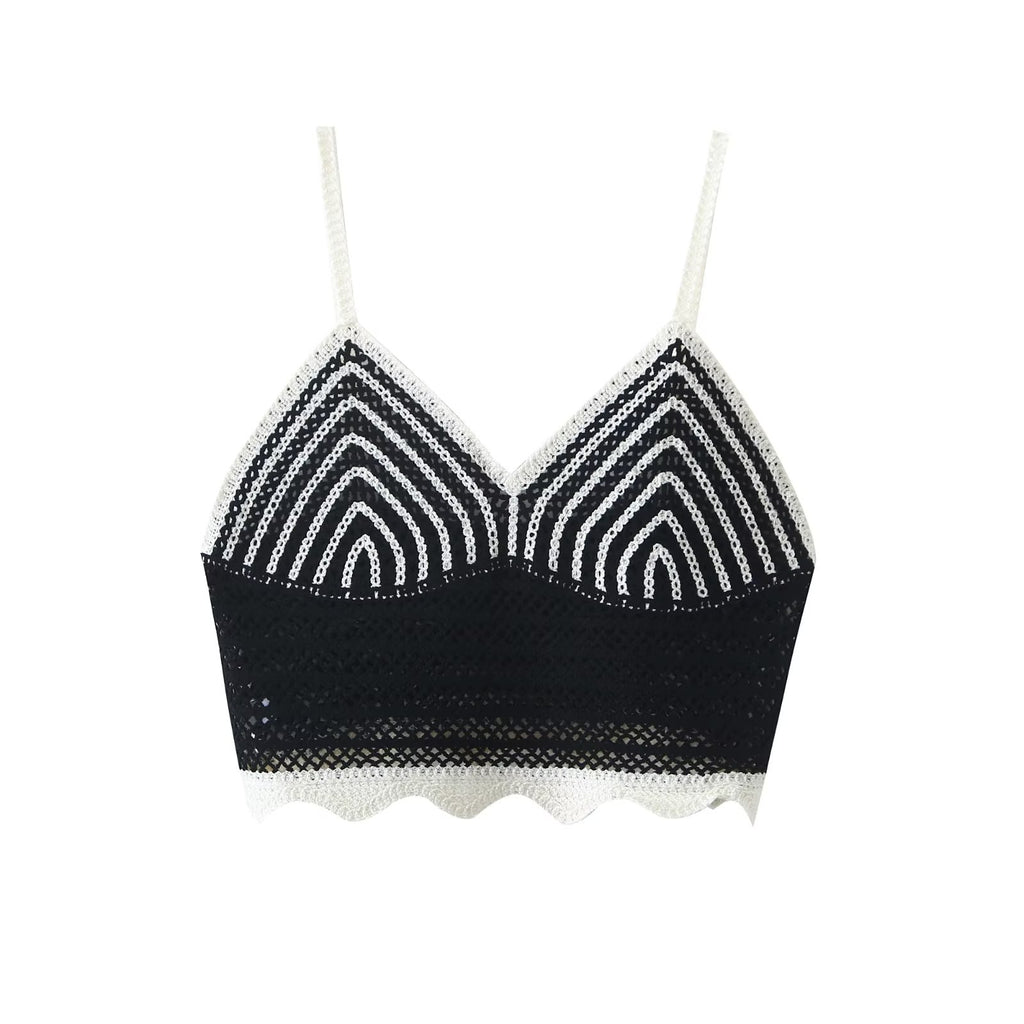 Deep V Plunge Neck Black White Contrast Color Crochet Criss