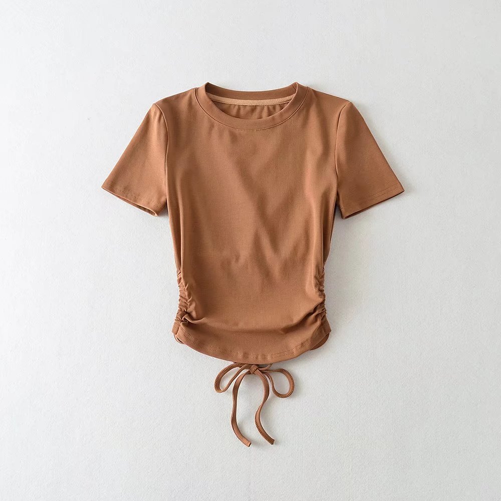 Women's Pleated Backless Lace Up T-Shirt With Short Sleeve