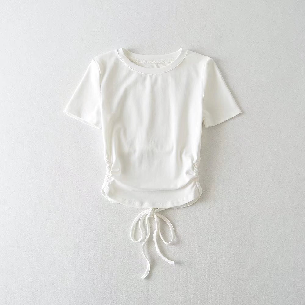 Women's Pleated Backless Lace Up T-Shirt With Short Sleeve