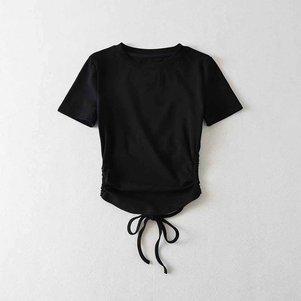 Women's Pleated Backless Lace Up T-Shirt With Short Sleeve