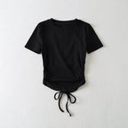 Women's Pleated Backless Lace Up T-Shirt With Short Sleeve