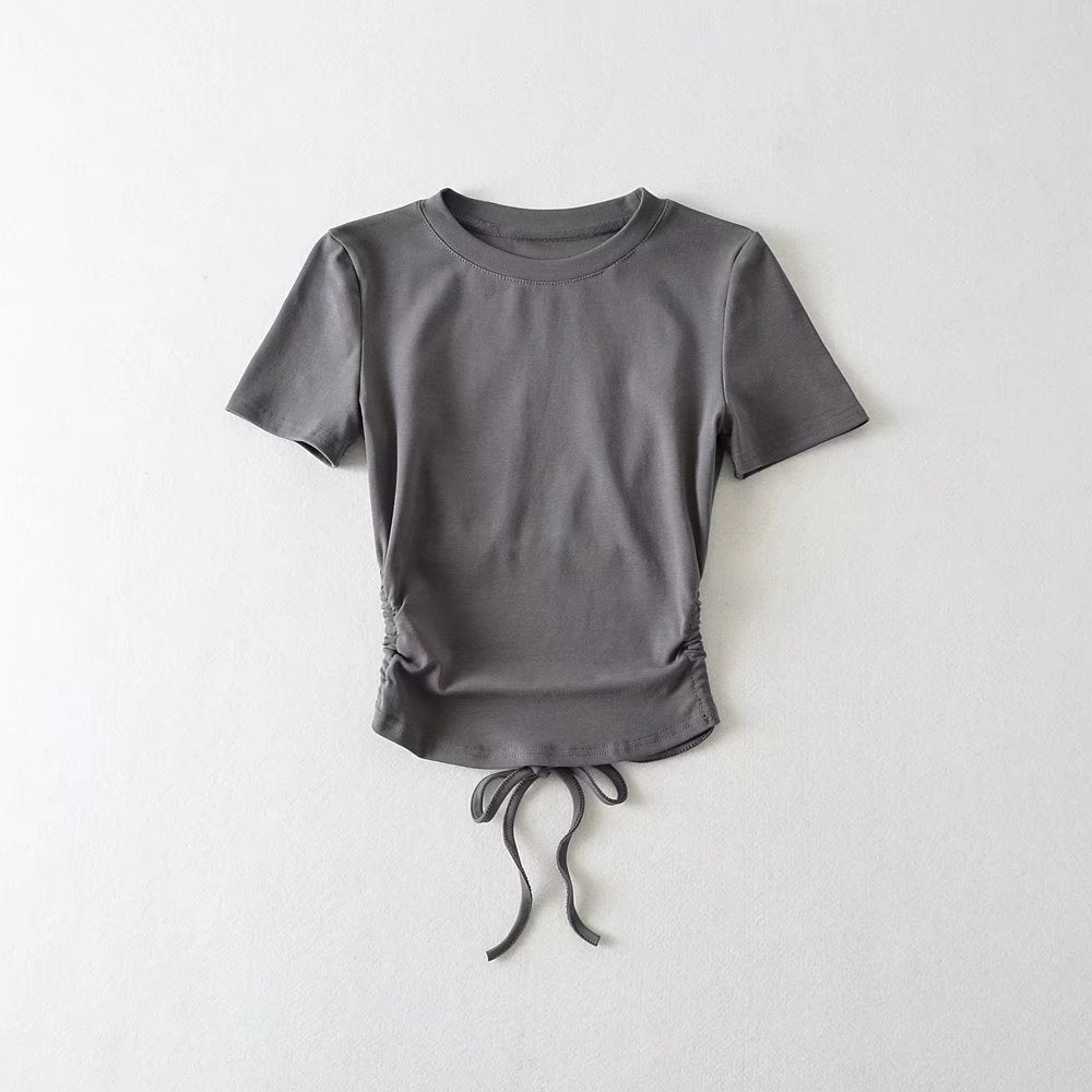 Women's Pleated Backless Lace Up T-Shirt With Short Sleeve