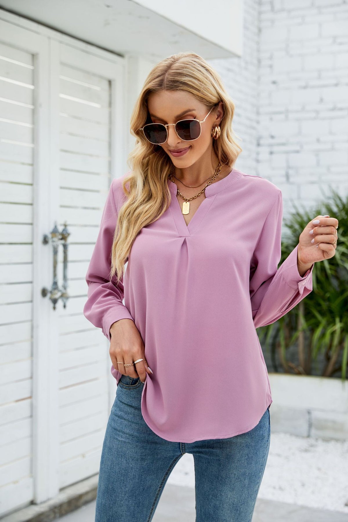 Women's Clothing Autumn Winter Solid Color Chiffon Shirt Loose V Neck Pullover Long Sleeve Top Shirt