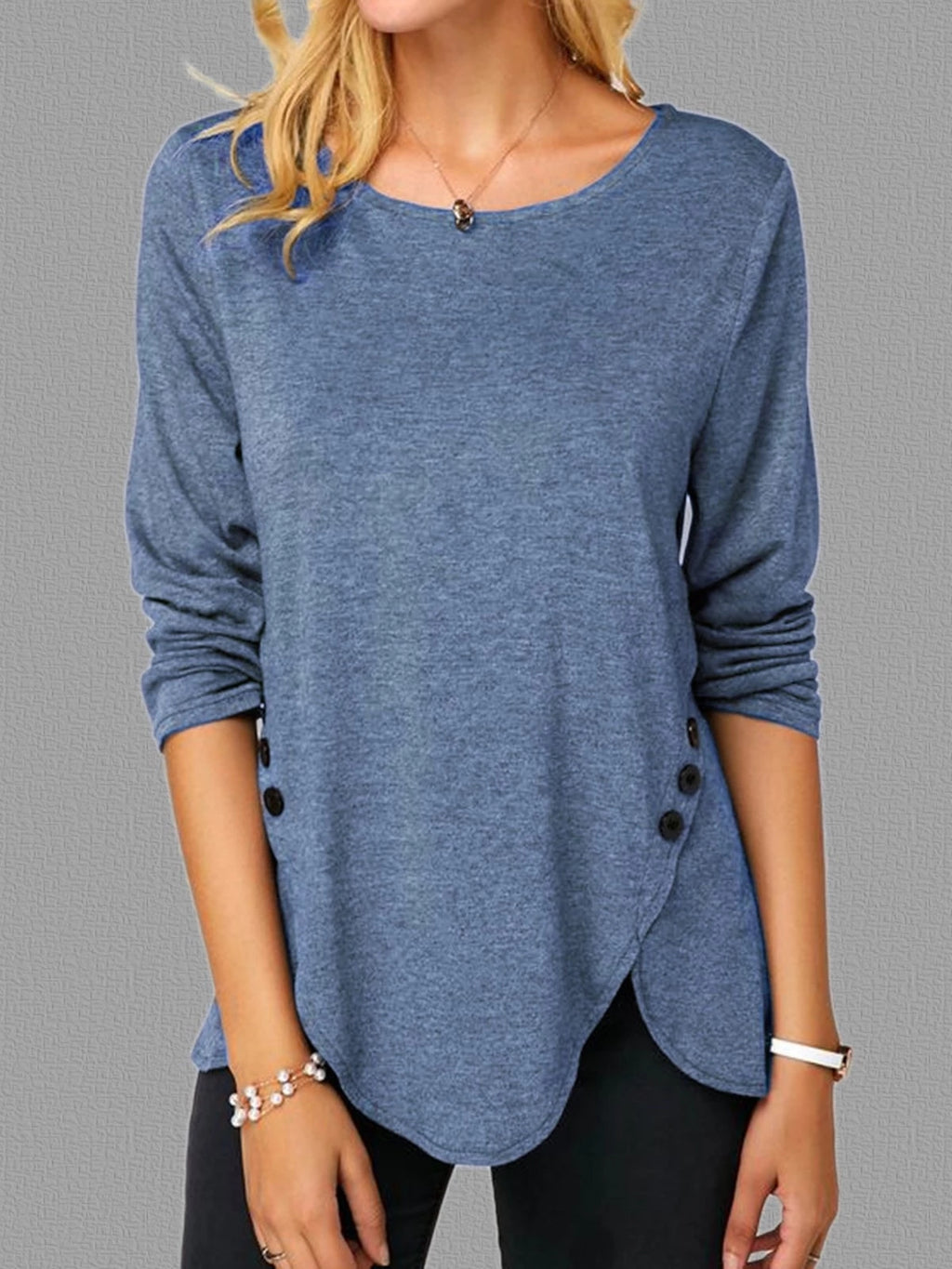 Women's Asymmetric Button Hem Long Sleeve Round Neck T-Shirt