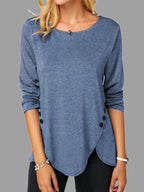 Women's Asymmetric Button Hem Long Sleeve Round Neck T-Shirt