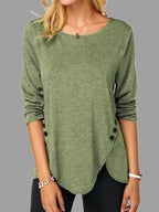Women's Asymmetric Button Hem Long Sleeve Round Neck T-Shirt