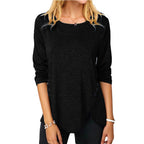 Women's Asymmetric Button Hem Long Sleeve Round Neck T-Shirt