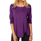 Women's Asymmetric Button Hem Long Sleeve Round Neck T-Shirt