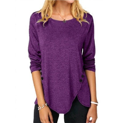 Women's Asymmetric Button Hem Long Sleeve Round Neck T-Shirt