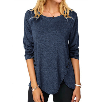 Women's Asymmetric Button Hem Long Sleeve Round Neck T-Shirt