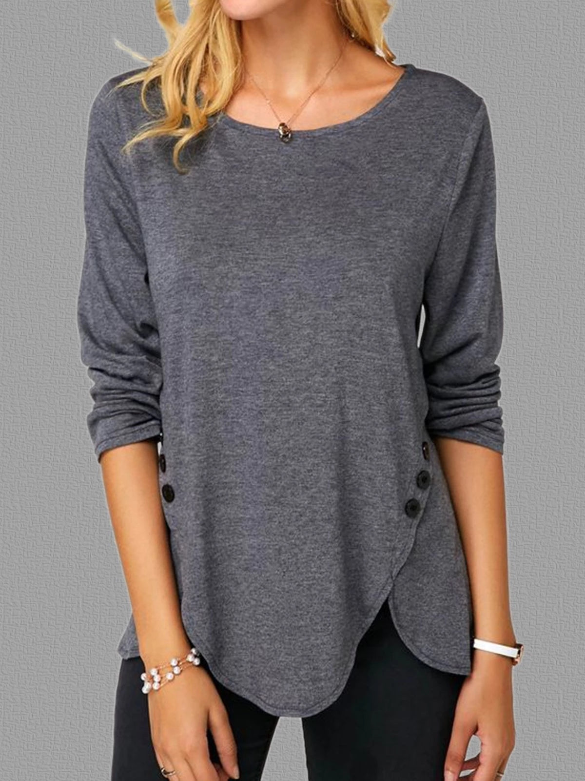 Women's Asymmetric Button Hem Long Sleeve Round Neck T-Shirt