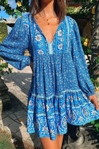 Women's Autumn Bohemian Loose Lace Up Dress Positioning Printed Rayon