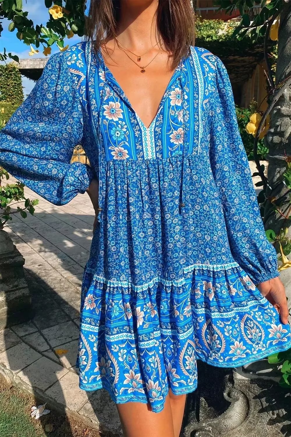 Women's Autumn Bohemian Loose Lace Up Dress Positioning Printed Rayon