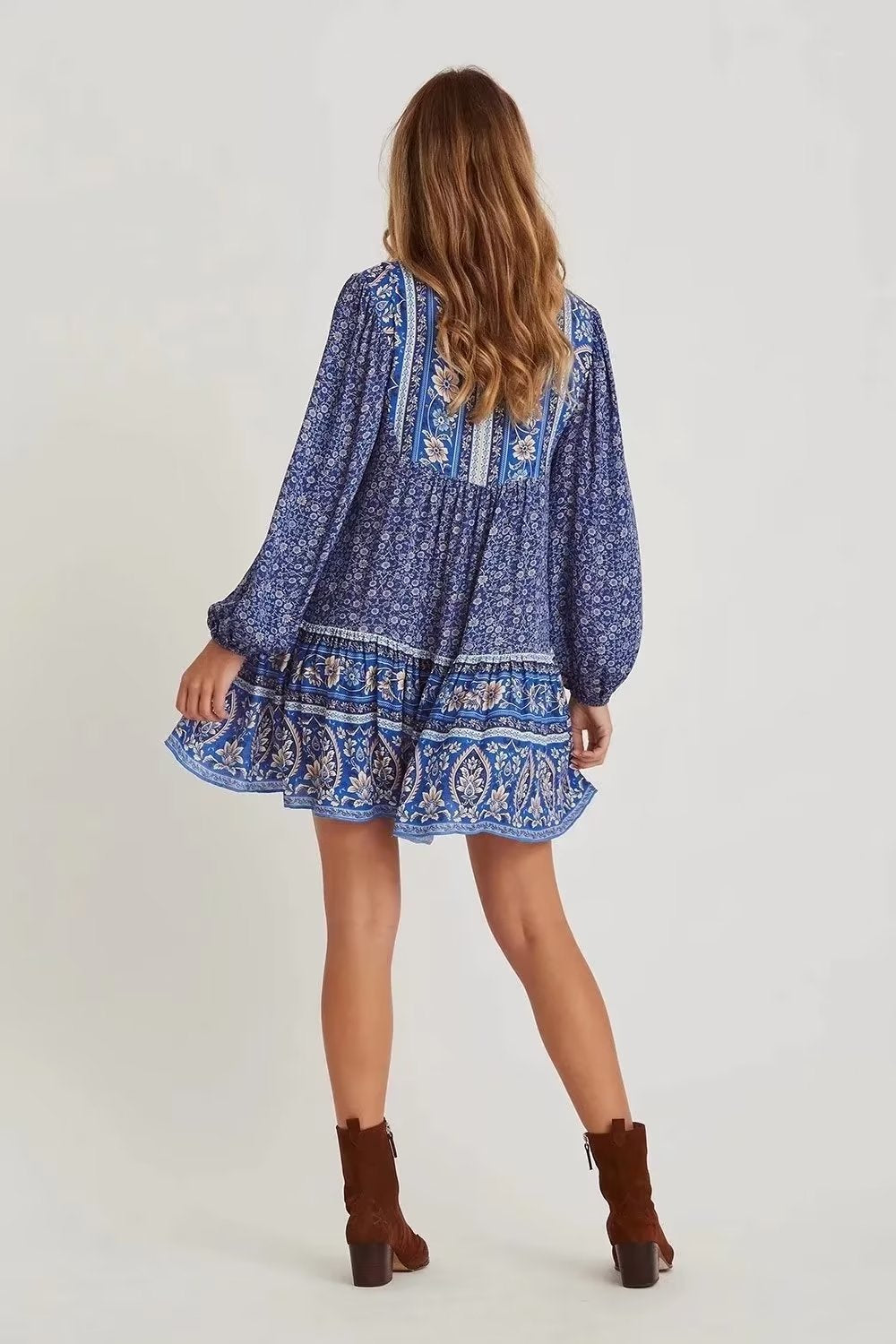 Women's Autumn Bohemian Loose Lace Up Dress Positioning Printed Rayon