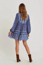 Women's Autumn Bohemian Loose Lace Up Dress Positioning Printed Rayon