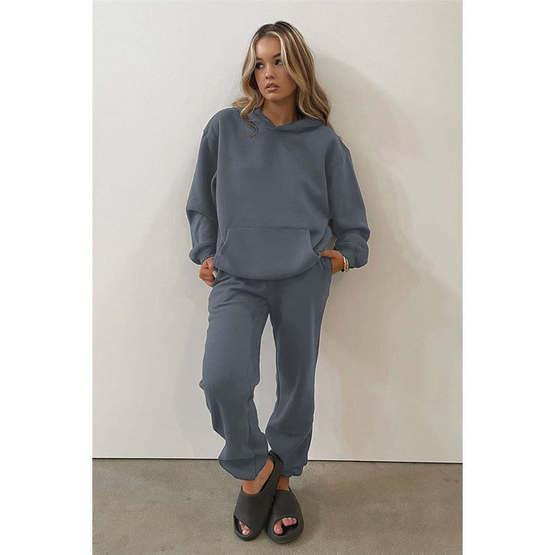 Autumn Winter Solid Color Round-Neck Pullover Long-Sleeve Sweater Cotton Skinny Trousers Suit Set