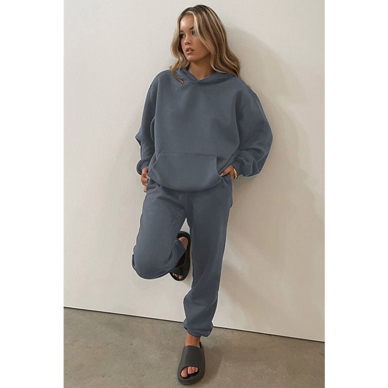 Autumn Winter Solid Color Round-Neck Pullover Long-Sleeve Sweater Cotton Skinny Trousers Suit Set