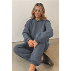 Autumn Winter Solid Color Round-Neck Pullover Long-Sleeve Sweater Cotton Skinny Trousers Suit Set