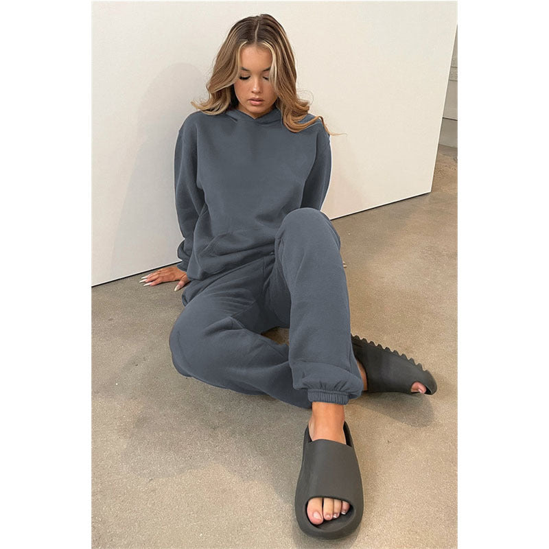 Autumn Winter Solid Color Round-Neck Pullover Long-Sleeve Sweater Cotton Skinny Trousers Suit Set