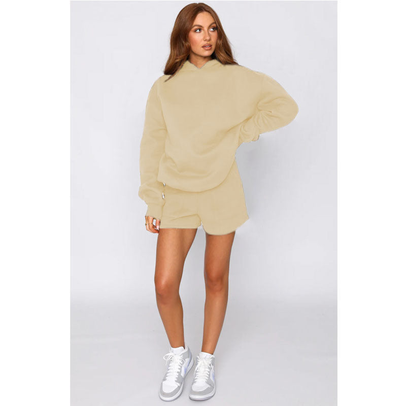 Autumn Winter Solid Color Hooded Pullover Long-Sleeve Sweaters Shorts Suit Set