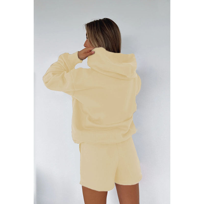 Autumn Winter Solid Color Hooded Pullover Long-Sleeve Sweaters Shorts Suit Set