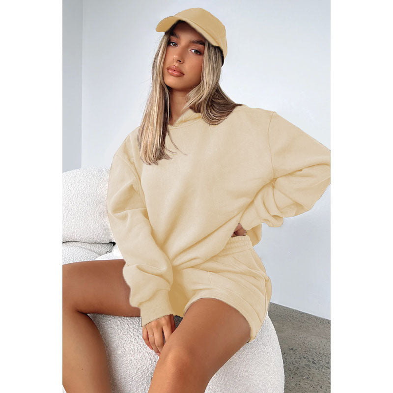 Autumn Winter Solid Color Hooded Pullover Long-Sleeve Sweaters Shorts Suit Set