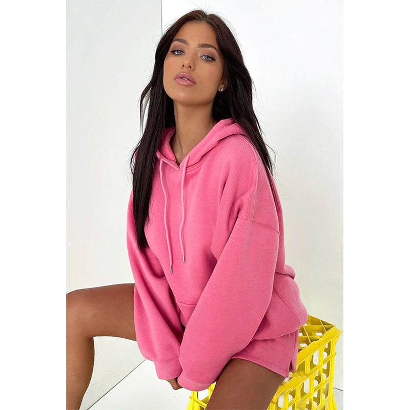 Autumn Winter Solid Color Thickened Fleece Lined Hooded Long-Sleeve Sweater Casual Shorts Suit Set