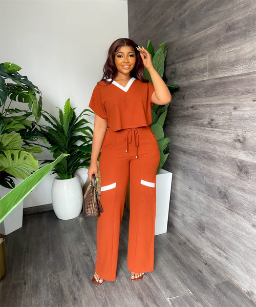 Solid Color Casual Short Sleeved T shirt Sports Suit Straight Leg Pants Summer two piece set