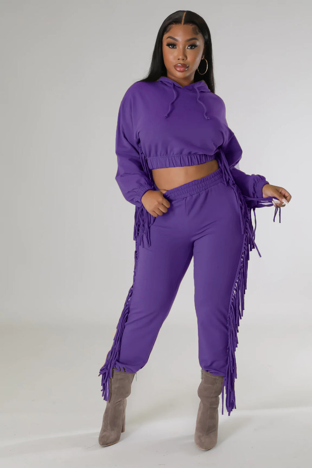 Cropped Hooded Sweater Tassel Edge Thinner Pants Autumn Winter Two-Piece Set
