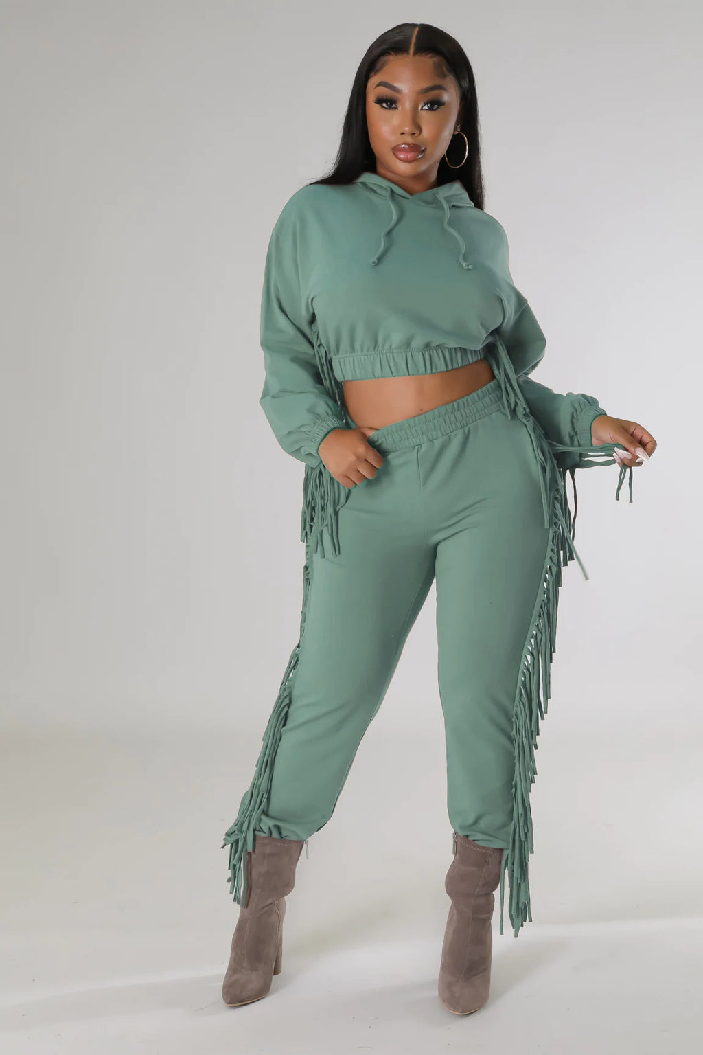 Cropped Hooded Sweater Tassel Edge Thinner Pants Autumn Winter Two-Piece Set