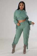 Cropped Hooded Sweater Tassel Edge Thinner Pants Autumn Winter Two-Piece Set