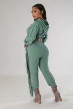 Cropped Hooded Sweater Tassel Edge Thinner Pants Autumn Winter Two-Piece Set