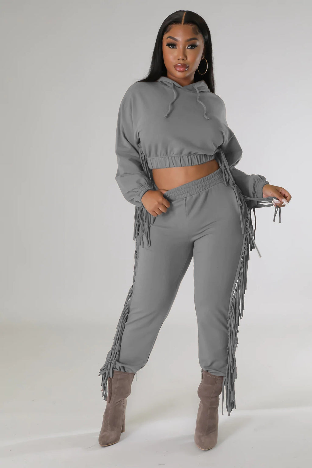 Cropped Hooded Sweater Tassel Edge Thinner Pants Autumn Winter Two-Piece Set