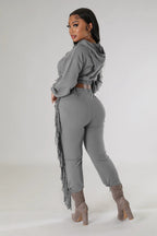 Cropped Hooded Sweater Tassel Edge Thinner Pants Autumn Winter Two-Piece Set