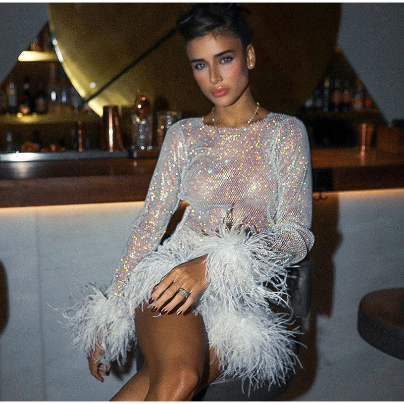 Women's Sequ Furry Nightclub Round Dress Two-Piece Set