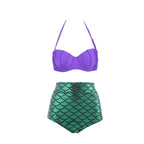 Purple underwire bikini top with thin straps and teal mermaid-scale high-waist bottoms